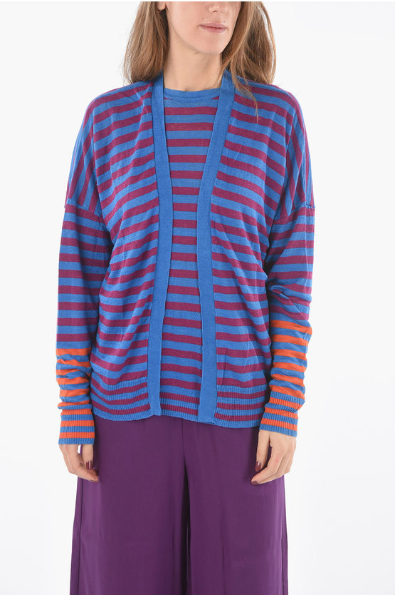 Gestreifte Strickjacke aus Flachs mit offener Vorderseite in Mehrfarbig Image