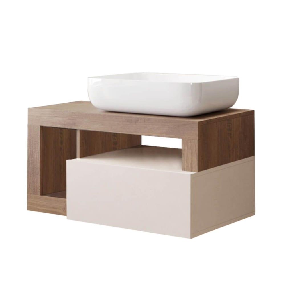 Meuble vasque 78cm suspendu 1 tiroirs beige laqué et aspect bois fini