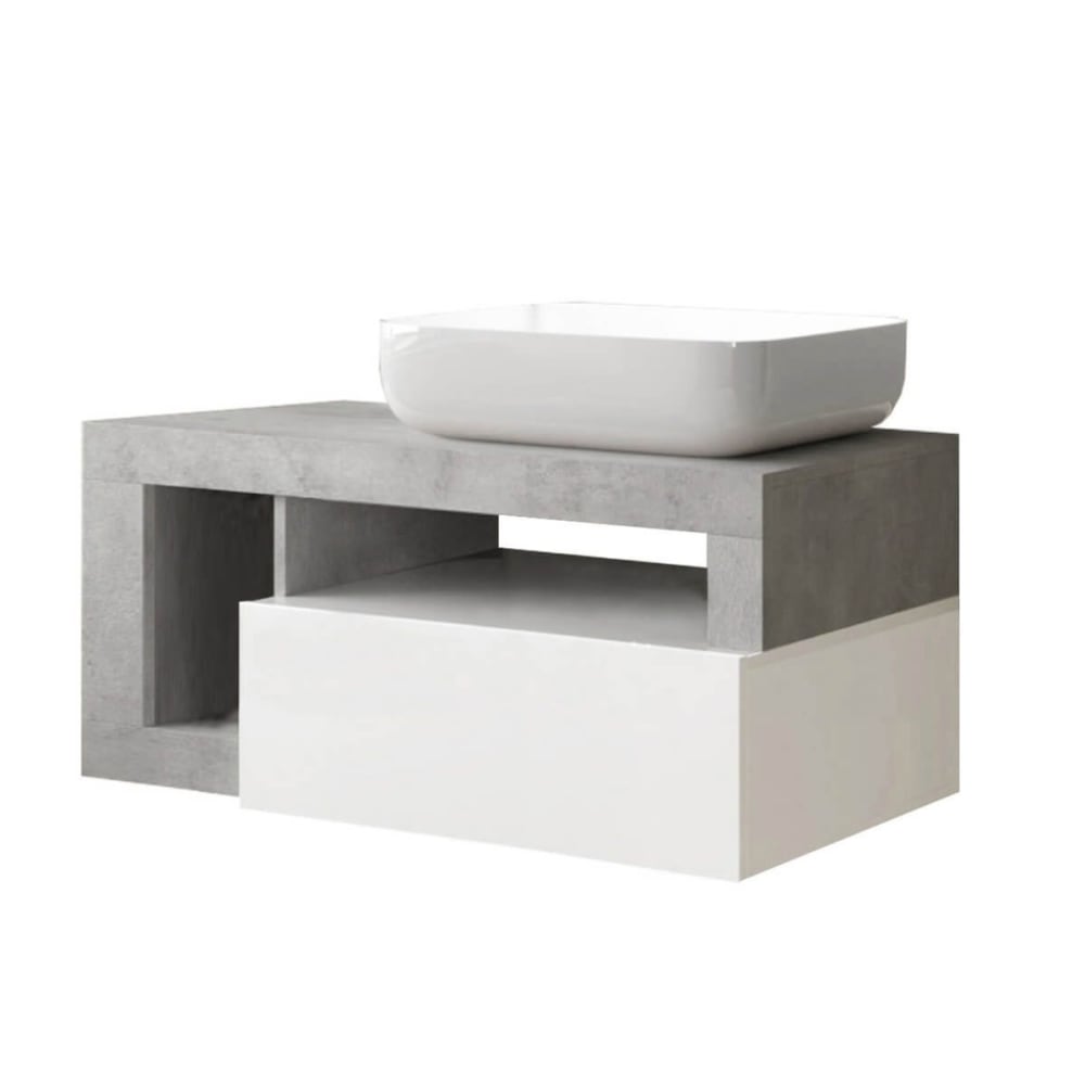 Meuble vasque 92cm suspendu 1 tiroirs blanc laqué et aspect béton