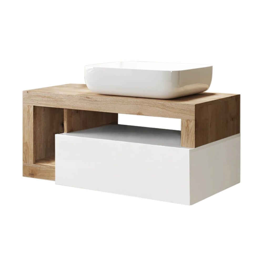 Meuble vasque 92cm suspendu 1 tiroirs blanc laqué et aspect bois fini