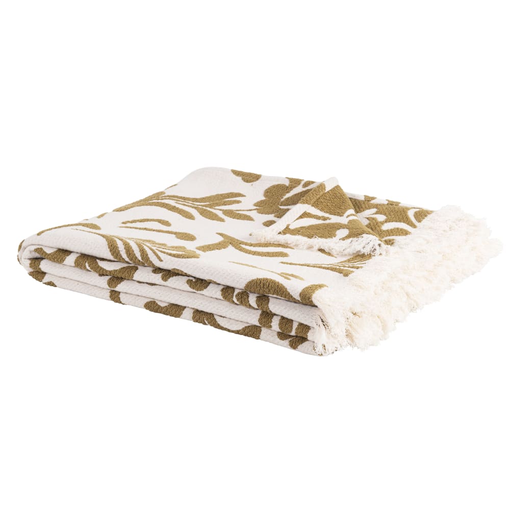 Plaid en coton écru motif floral tissé jacquard vert olive à franges 130x170