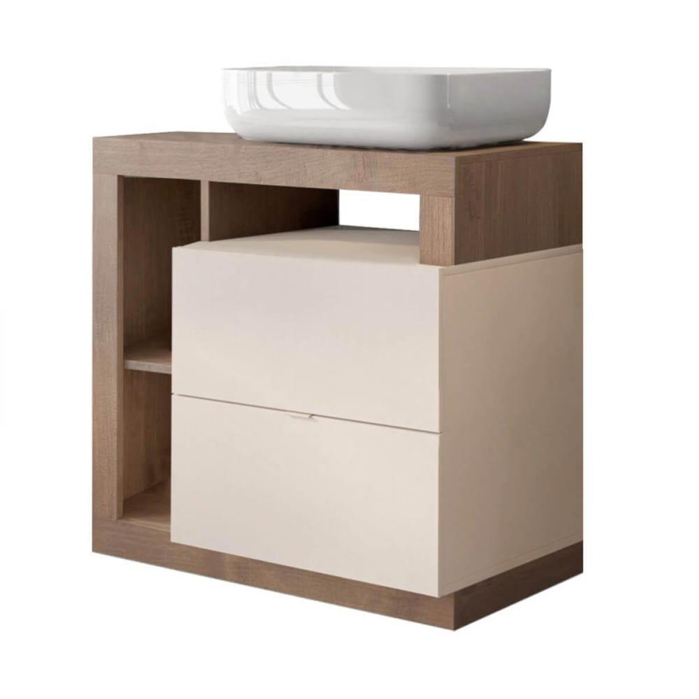 Meuble vasque 78cm 2 tiroirs beige laqué et aspect bois finition merc