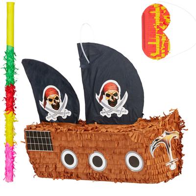 Relaxdays - 3 tlg. Pinata Set Piratenschiff, Pinatastab mit Augenmaske, für Kinder, Stock & Image