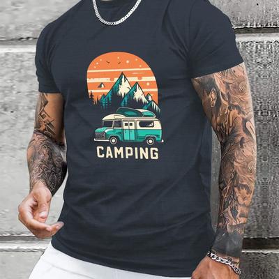 TEMU Men's Retro Camping Van & Mountain Print T-shirt - Casual, Breathable Polyester, Round Neck - All , Style, Conventional Version, Image