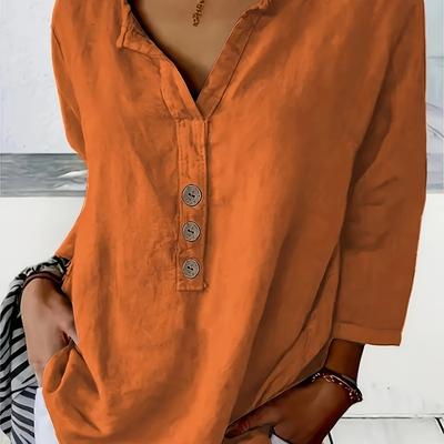 TEMU Women's Casual V-neck Button-up Shirt - Orange Loose Fit With Decorative Buttons, Long Sleeves, And Hem, Spring And Fall, Casual Wear| Blouse|decorative Buttons Image