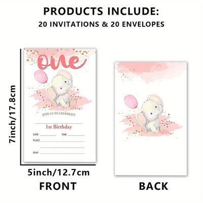 TEMU 20pcs First Birthday Party Invitations With Envelopes - Cartoon Elephant Theme, No Feathers, Paper Cards For , 1st Birthday Celebration Invites Image