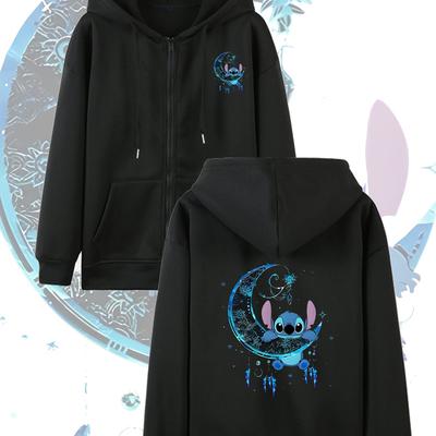 TEMU Licensed & Stitch Pattern Double-sided Print, Licensed Women's Hoodie, Zipper Pulling Hoodie, Long Sleeve Round Neck Zipper Hoodie, Casual Long Sleeve Double Pocket Hoodie Image