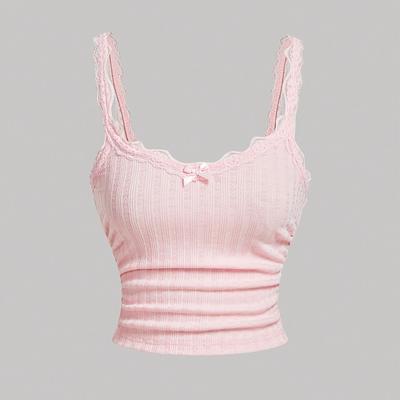 TEMU Women's Sexy Lace Trim Cami Top With Bow Detail - Sleeveless Crop Top For Beach Vacations, Summer Style, Solid Color, Lace Trim Detail, Crop Top Blouse Image