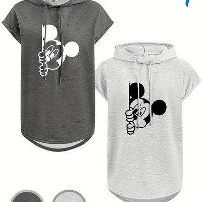 TEMU Women's Casual Print Drawstring Sleeveless Hooded Sweatshirt - Mouse Graphic, Summer Top With Drawstring Hood, , Summer Top|graphic Hoodie|drawstring Hoodie Image
