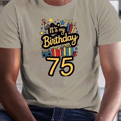 TEMU Men's Casual Short Sleeve T-shirt With Unique 'birthday 75' Print - Breathable Polyester, Machine Washable - Summer Image