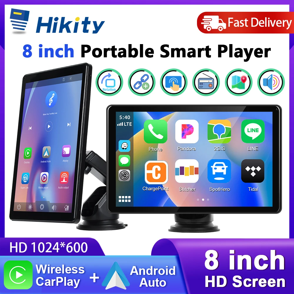 Hikity 8'' IPS Bildschirm Smart Screen Player CarPlay Android Auto Bluetooth FM Übertragung AUX Auto DVR Dashboard Mit video Spielen Image