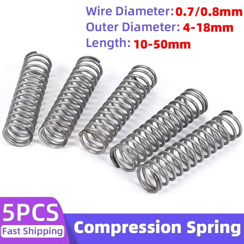 5 Stück Druckfeder, Stahldruck, Y-Typ-Federn, Drahtdurchmesser 0,7/0,8 mm, Außendurchmesser 4–18 mm, Länge 10–50 mm Image