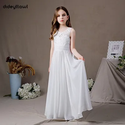 Dideyttawl Weiße Chiffon-Spitze-Mädchenkleider für die Hochzeit 2023, ärmellos, Konzert, Image