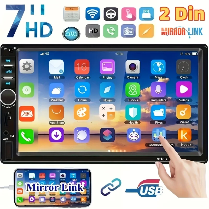 17,78 cm HD-In-Dash-DVD- und Videoempfänger für Auto, 2-Din-Stereoanlage mit Mirror Link, Freisprechanrufe, MP5-Player, IR-Fernbedienung