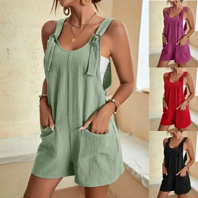 Frauen Sommer Hosenträger Overall einfarbig ärmellose Straight Stram pler Mode Weste Shorts mit Tasche einteilige Outfit Kleidung Image