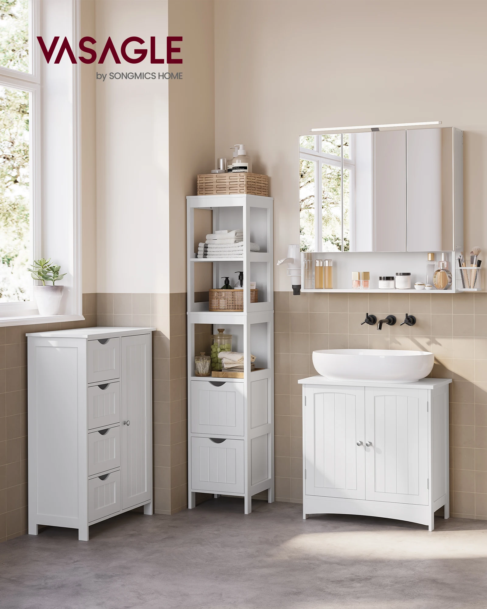 VASAGLE Spiegelschrank Bad mit Beleuchtung, Waschbeckenunterschrank, Badezimmerschrank, Hochschrank Badezimmer, 4er Set Image