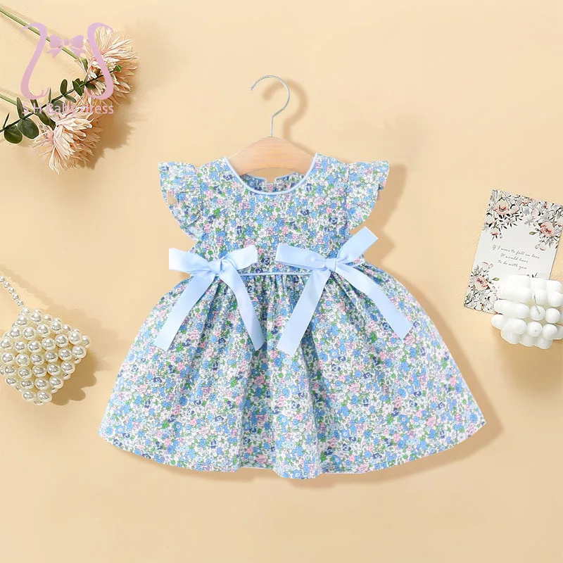 0-4 Jahre Sommer ärmelloses Kinderkostüm Blumen Baby Mädchen Kleid Rundhals Neugeborene atmungsaktive Kleidung Schleife Kleinkind Outfit Image