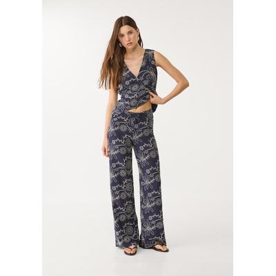 Stradivarius Linen blend embroidered straight-leg trousers Navy blue 6
