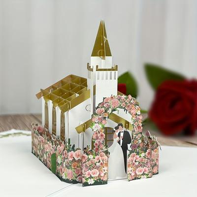 TEMU 1pc Handcrafted Pop-up 3d Greeting Card With Envelope - Elegant Chapel Scene, Weddings, Engagements & Bridal Showers - Unique Engagement Gift, Wedding Decoration