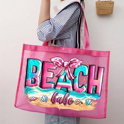 "TEMU 1pc Tote Bag - Large Capacity Polyester Mesh Bag With Vibrant "beach Bae" & Tropical Print, Snap Closure For Beach, Vacation, Back To School - Day Gift For Mom, Teachers," Image