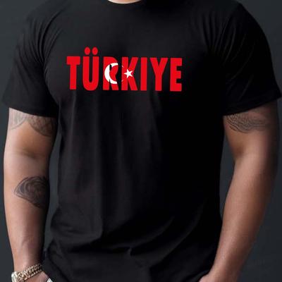 "TEMU Men's Casual Crew Neck T-shirt With "i Love Türkiye" Print, 100% Polyester Knit Fabric, Stretch, Regular Fit, Summer Short Sleeve Tee - Geometric" Image