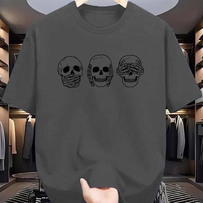 TEMU Men's Skull Print T-shirt - Comfortable & Stretchy, Summer Outdoors | Casual Round Neck Black, Wine Red & More Image