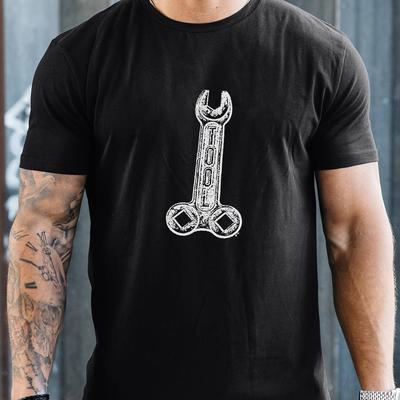TEMU Men's Casual Crew Neck T-shirt With Wrench Print, 100% Polyester Short Sleeve Knit Fabric Top, Summer Regular Fit Pullovers For - H Size Image