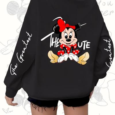 TEMU Women's Mouse Graphic Hoodie - Casual Long Sleeve Pullover With Red Bow & Ears Design, Outdoor & Holiday Wear, Casual Wear Hoodie | Print Hoodie | Hoodie Image