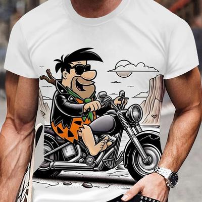 TEMU Men's Casual Polyester Knit Short Sleeve T-shirt With 3d Motorcycle Print, Round Neck, Stretch Fabric - And Weekend Casual, Weekend Casual Wear | Design | Glossy Fabric Image