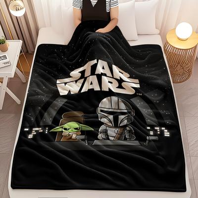 TEMU 1pc Star Wars Yoda & Cartoon Print Flannel Blanket - Lightweight Soft Throw For Sofa, Office, Camping & Picnics - Machine Washable Decor, Blanket | Cartoon Print Throw | Blanket Image