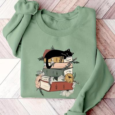TEMU Women' Sweatshirt, On Books Print, Casual Round Neck Pullover, Polyester Knit, Autumn/winter, Ladies' Fashion Hoodie Image