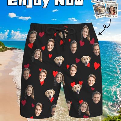 TEMU Custom Photo Men’s Beach Shorts - Personalized Face & , Quick-dry, Breathable, Elastic Waist With Drawstring, Summer Outdoors & Fitness, Pink Image