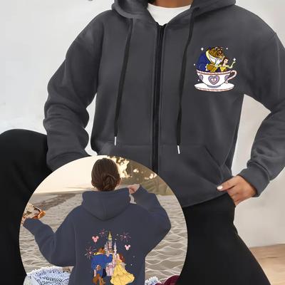 TEMU Beauty And The Print Zip-up Hoodie - Casual Long Sleeve Pullover With Front Pockets, Fall/winter Style, Autumn Winter Apparel | Design | Zippered Hoodie Image