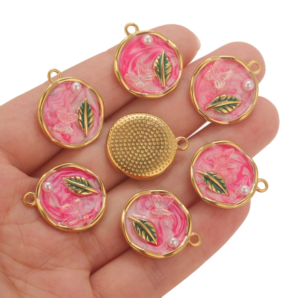 3PCS 18K vergoldeter Edelstahl rosa Emaille Anhänger elegante Glücksbringer für Frauen DIY Halskette Ohrring Mode Anschlüsse