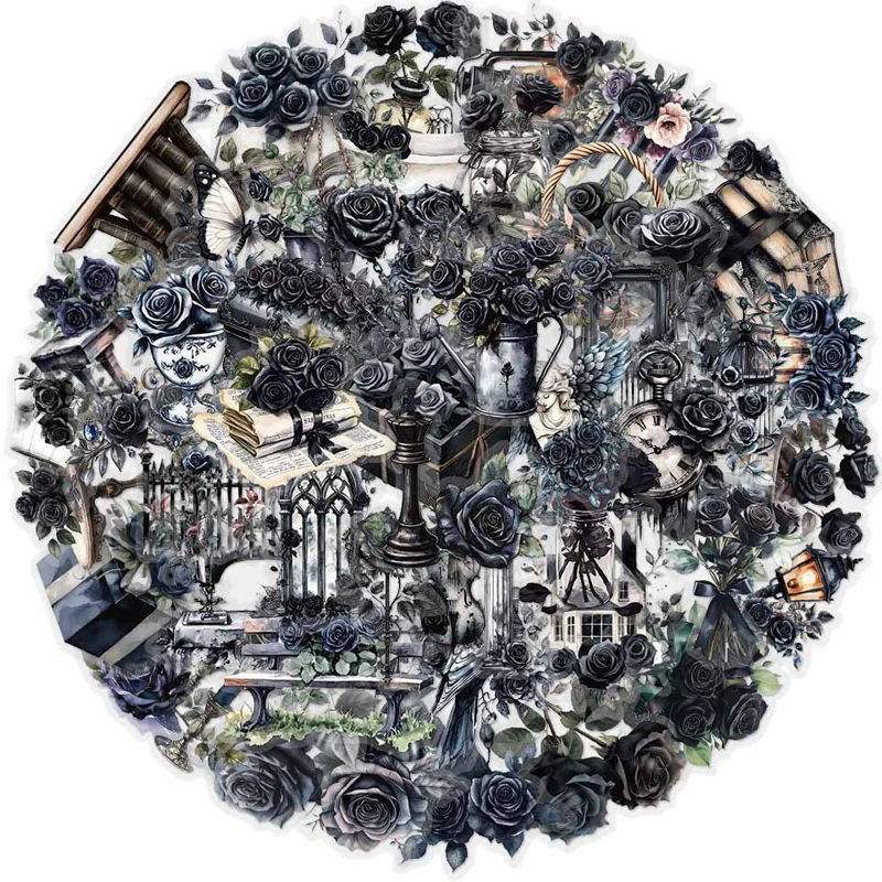 50 Stück dunkle ästhetische Gothic transparente Aufkleber schwarze Rose Blume Romantik Aufkleber Packungen für Scrapbook, Journaling, Gothic Image
