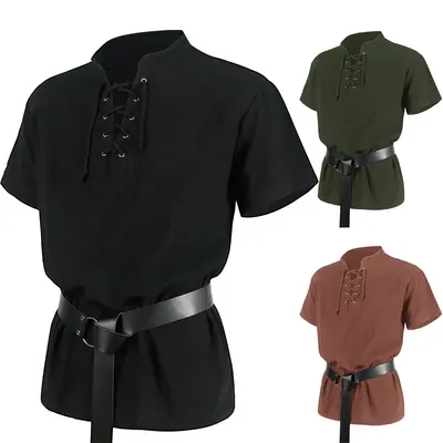 3 Stück Renaissance schwarz grün Bluse Männer mittelalter liche Wikinger Cosplay Tunika Ritter Image