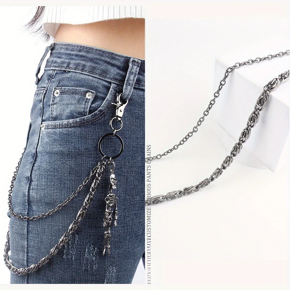 Europäische und amerikanische Mode Gun Black Doppelschicht Persönlichkeitskette Skelett Anhänger Trend Punk Hip-Hop Metall Hosenkette Image