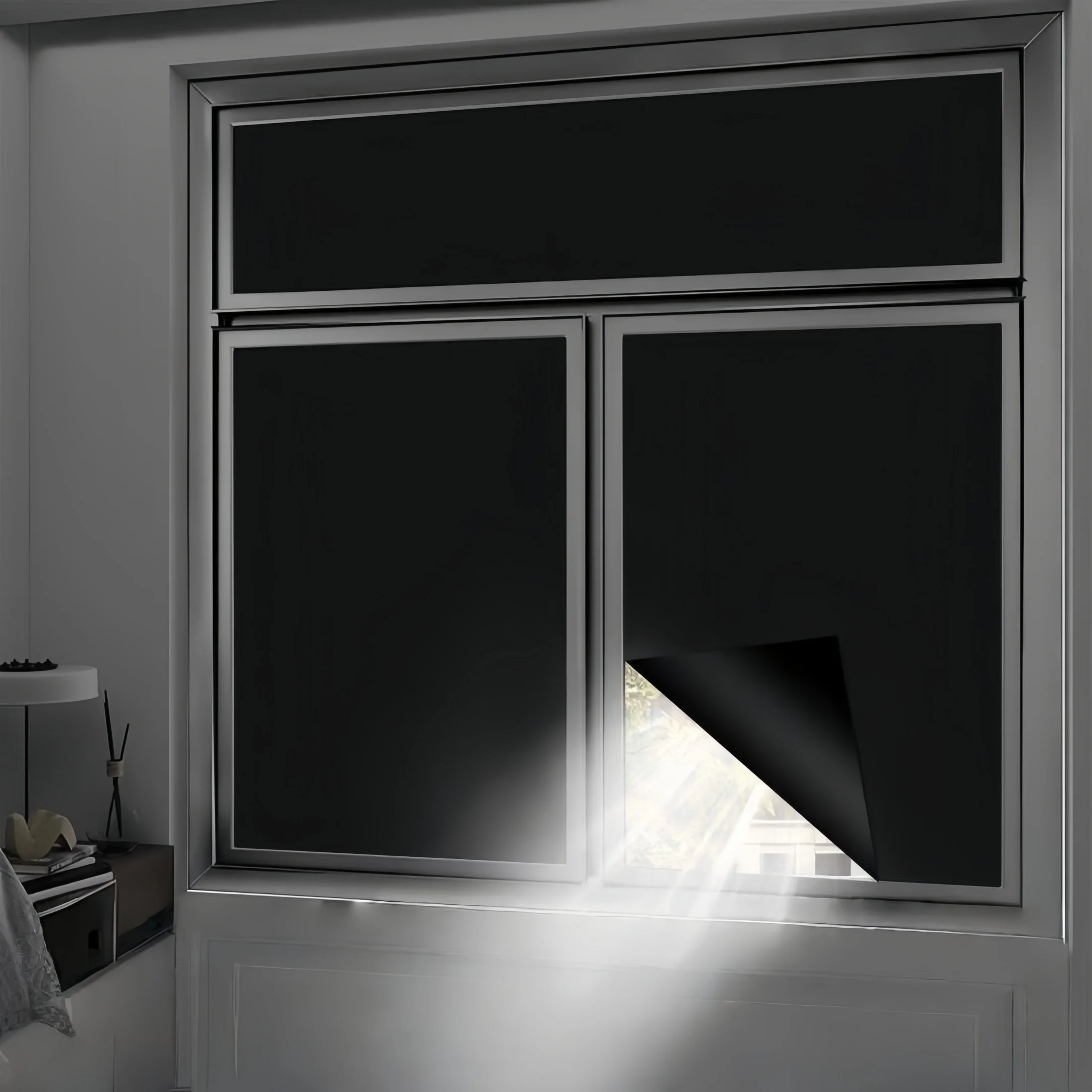 Schwarze undurchsichtige Sichtschutz-Fensterfolie, schwarzer Glas-Fensterfolienaufkleber, vollständig verdunkelnd, Anti-UV, selbstklebend, Verdunkelung, 100 % Sichtschutz für das Heimbüro Image