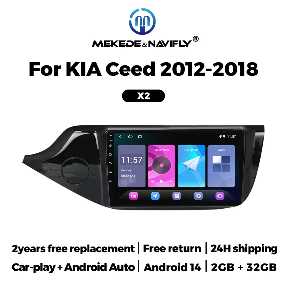 Mekede & navifly android14 Autoradio Autoradio für Kia Ceed 2 JD 2012-2018 Stereo Auto Play Auto Multimedia Audio Player GPS RDS Auto GPS Multimedia Radio, 8-Kern DSP ohne DVD Player, 2Din Stereo