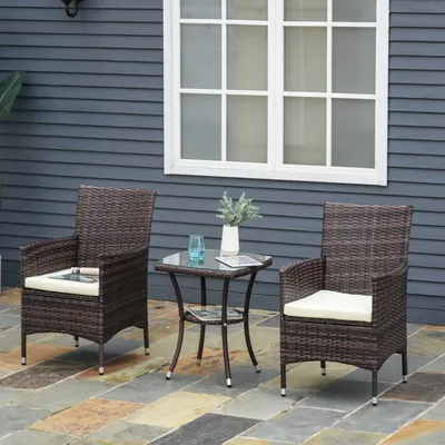 Outsunny Rattan Bistro Set Garden Chair Table Patio Outdoor, Brown