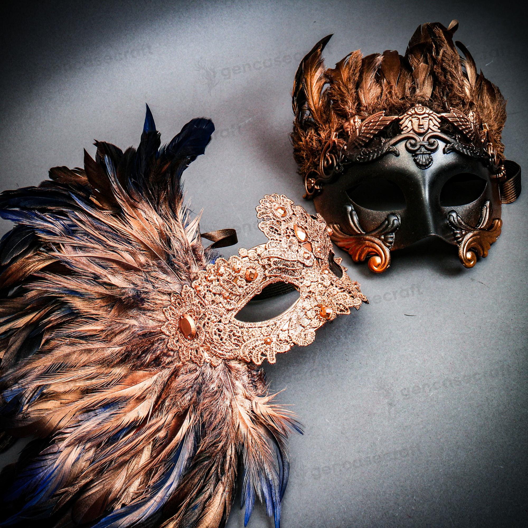 Party Maske für Paare, Passende Masquerade Maske für Männer und Frauen, His & Hers Paar Maske, venezianische Karneval Ball Feder Maske - Kupfer Blau