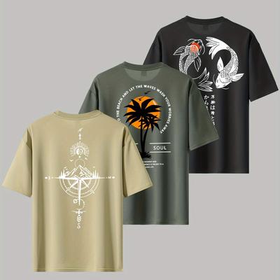TEMU 3pcs Men's Graphic Print T-shirts - Casual Loose Neck Tees In Black, Yellow & Green With Geometric, Palm Tree & Bird Designs - Summer Short Sleeve Tops For Casual Attire Image