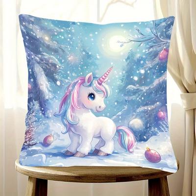 TEMU Soft & Cozy 18x18 Inch Unicorn In Snow Throw Pillow Cover - Double-sided, Machine Washable, Zip Closure For Couch And Sofa Decor, Short Plush, Merry Christmas, No Pillow Image