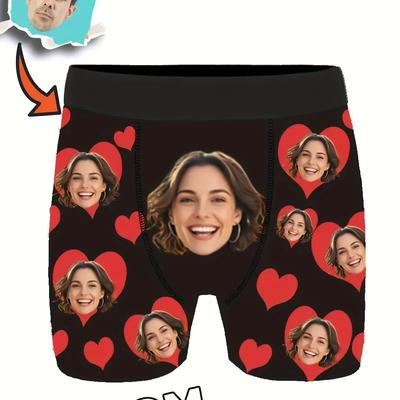 TEMU Custom Photo Boxer Briefs For Men - Personalized Face & Red Hearts Design, Sexy Underwear, Valentine's Anniversary Gifts For Husband Dad Boyfriend, Hand Wash Only Image