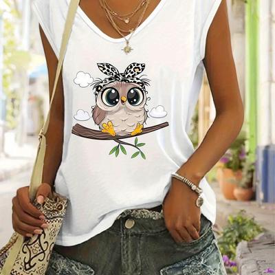 TEMU Women's Casual Sleeveless V-neck Top With Cute Owl Print, Fashionable Gray T-shirt With Design, Spring And Summer Wear Image