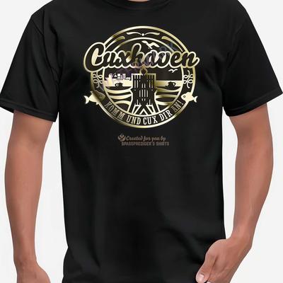 "TEMU Men's Graphic Short Sleeve T-shirt- Black With Golden Print& "around 1 Harbour Club" Slogan, Casual Round Neck Tee, Machine Washable, , Everyday Tee, Slogan Shirt, Breathable Material" Image