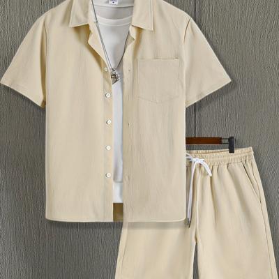 TEMU Men' Color Stretch Washed Drawstring Shorts And Single Pocket Short Sleeve Shirt Set Image