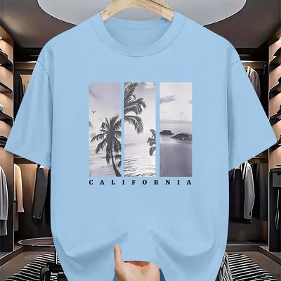 TEMU Men's Casual California Graphic Tee - Green Crew Neck T-shirt With Palm Tree & , Lightweight Summer Shirt For Casual Attire Image