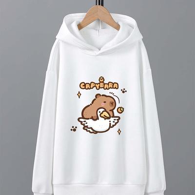 TEMU Casual Capybara Print Hoodie - Unisex Polyester Hooded Sweatshirt With Stretch, Loose Fit For Youth, Ideal For Outdoor Activities & Family Gatherings - Fall/winter Knit Fabric Pullover Image