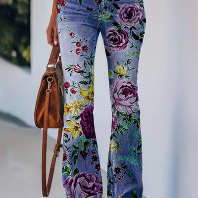 TEMU Women Fashion Flared Jeans Casual Floral Print Bell Bottoms Denim Pants Trendy Bootcut Trousers For Streetwear Image